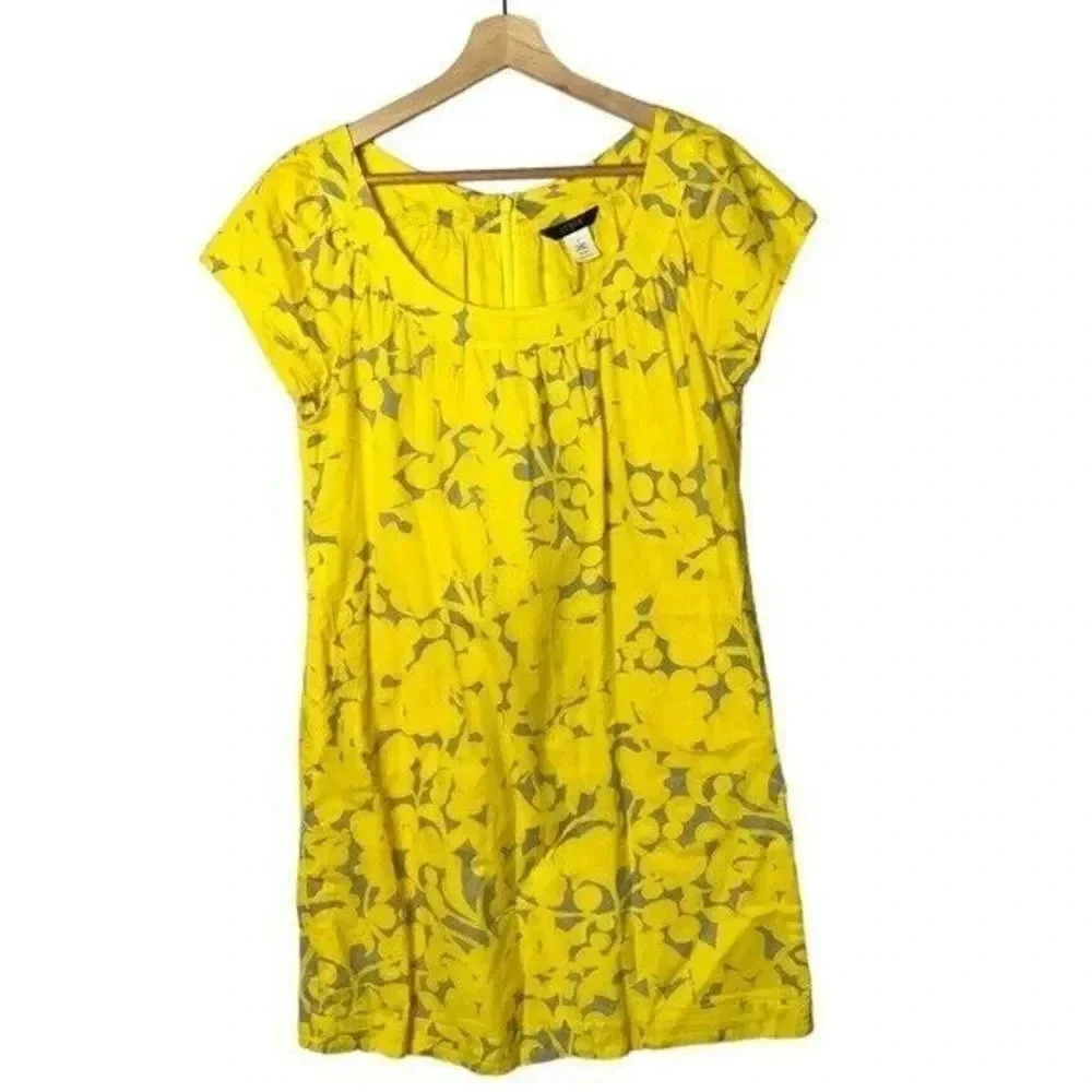J. Crew Yellow & Gray Floral Scoop Neck Short Sleeve Knee Length Dress 6